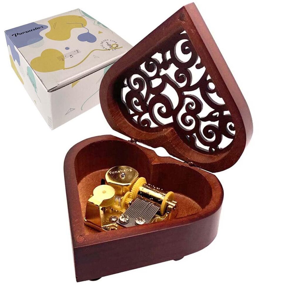 7472 Amazing Grace Music Box, Heart Shaped Vintage Hollow Out Wood